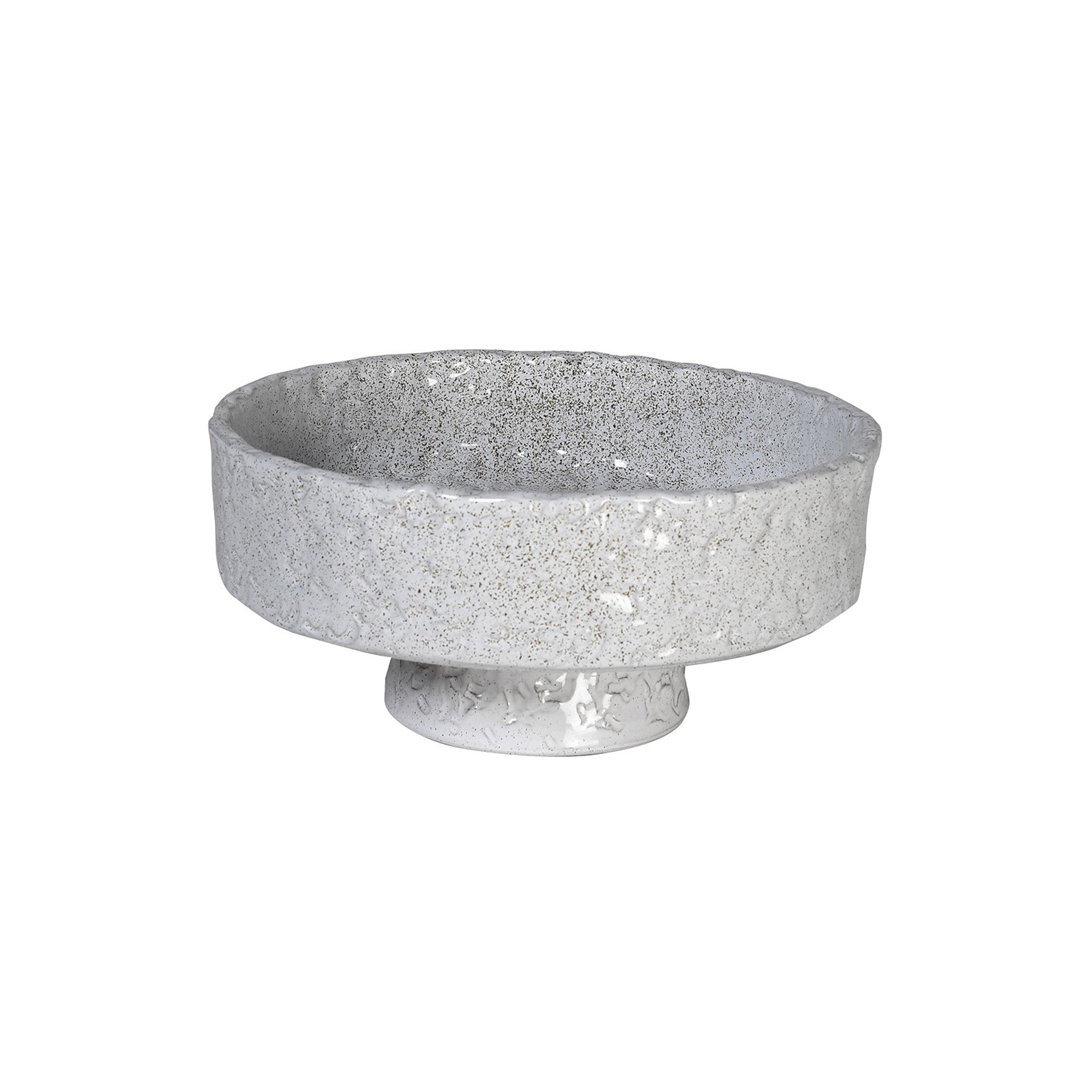 Pale grey footed bowl, hand made with a hammered texture and glazed finish. Dimensions: H:140 Dia:300 mm Materials: Terracotta Delivery: 7-10 days